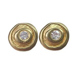 1980s Gold Plate White Rhinestone Asymmetrical Circular Modernist Clip Earrings